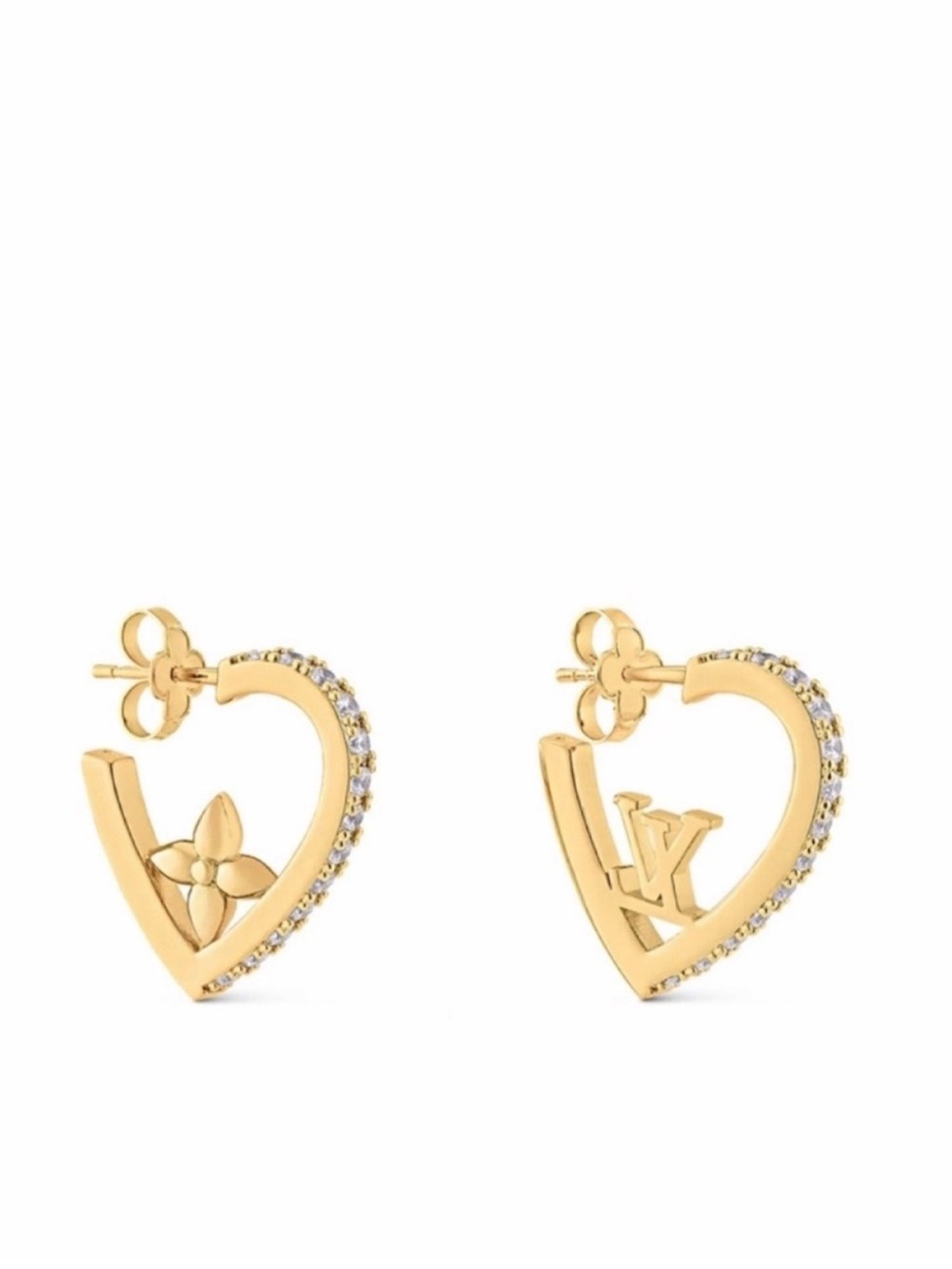 Louis Vuitton 18K Gold Heart Hoop Earrings with LV Monogram and Crystal Accents